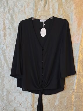Black Tie-Front Button Blouse